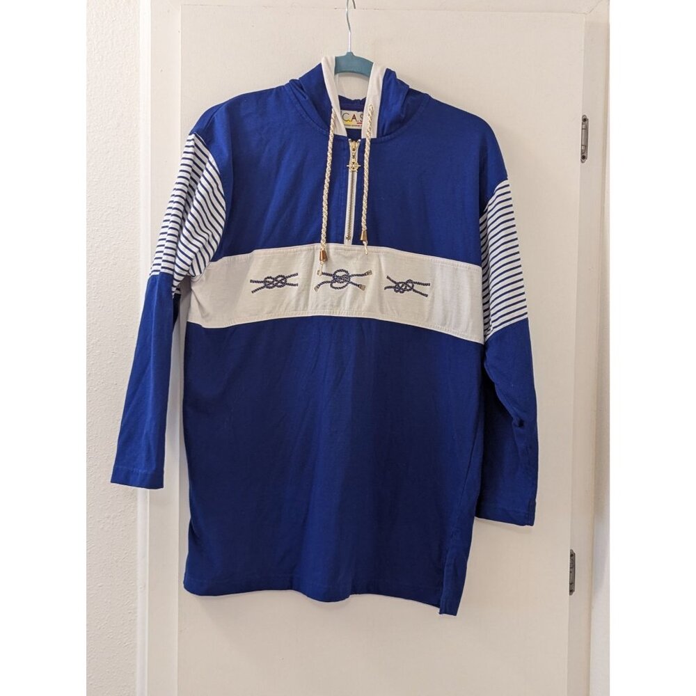 Vintage C.A.Sport Nautical-Themed Blue & White Hoodie Sweatshirt With Embroidere